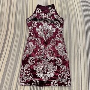B Darlin Burgundy and Silver Patterned Mini Dress
